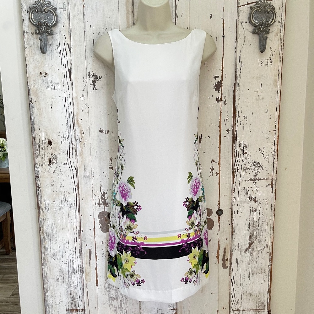 Worthington Sz 4 Woman's White Purple Green Yellow floral Sleeveless Shift Dress